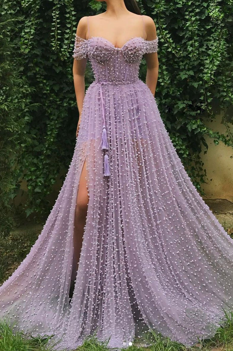 Purple sweetheart off shoulder tulle beads long prom dress  cg5761