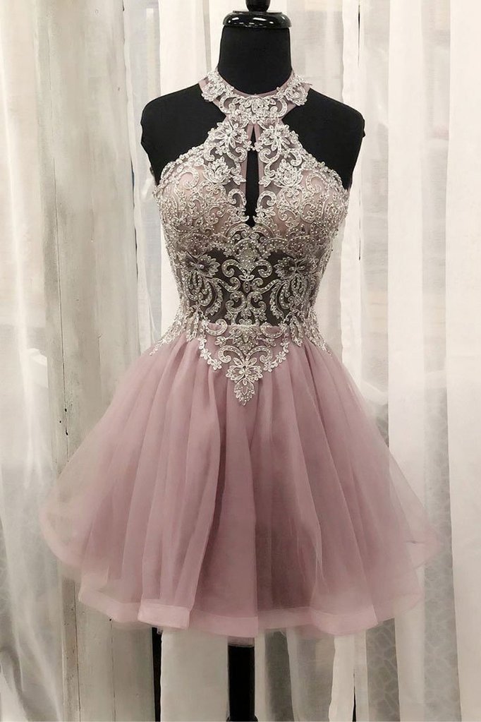 PINK TULLE LACE SHORT DRESS PINK HOMECOMING DRESS  cg5763
