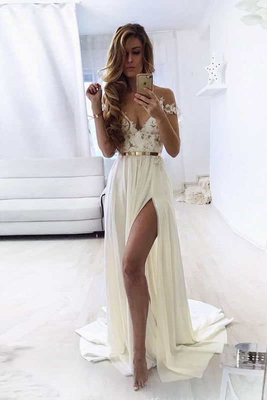 WHITE SWEETHEART OFF SHOULDER LACE CHIFFON LONG PROM DRESS EVENING DRESS  cg5765