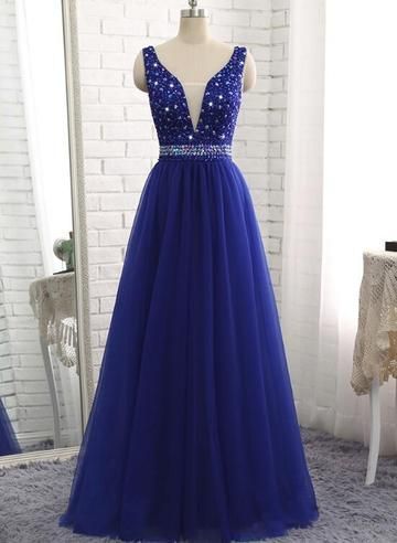 Gorgeous Royal Blue Beaded V Neckline Long Party prom dress cg5768