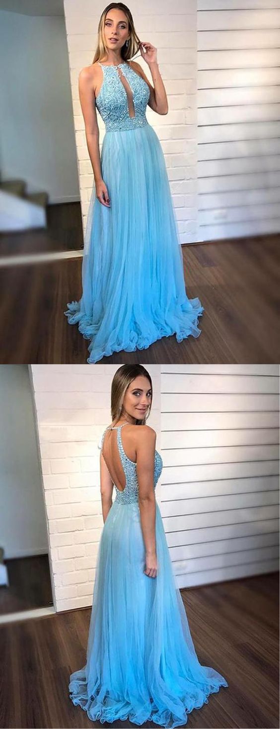 Blue Tulle O Neck Backless Long Beaded Prom Dress, Evening Dress  cg5772