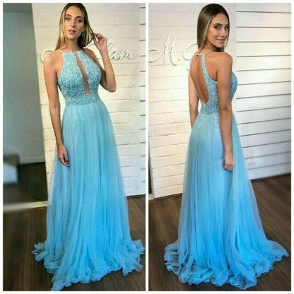 Blue Tulle O Neck Backless Long Beaded Prom Dress, Evening Dress  cg5772