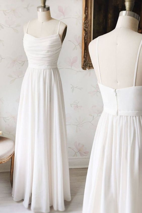 Simple white chiffon V neck long prom dress, white evening dress  cg5776