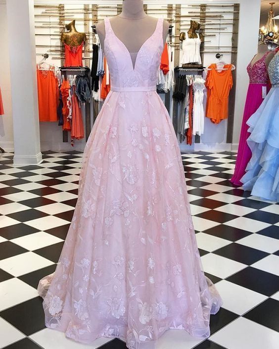V-neck Pink Lace Pleated Long Prom Dress  cg5777