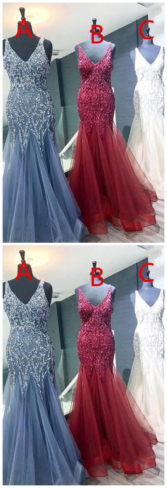 Mermaid V Neck Straps Tulle Long Prom Dresses  cg5779