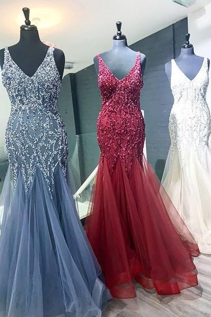 Mermaid V Neck Straps Tulle Long Prom Dresses  cg5779