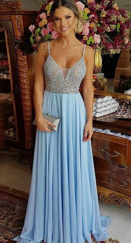 A-Line Spaghetti Straps Prom Dress ,Light Blue Chiffon Prom Dresses  cg5785