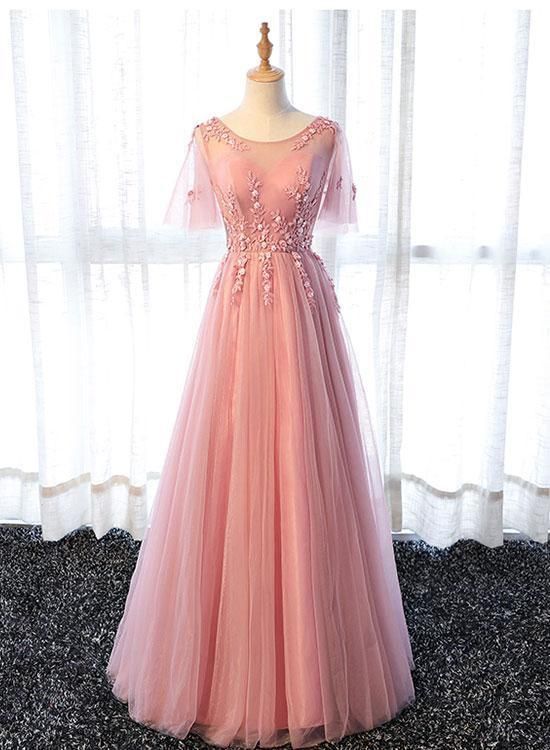Pink round neck lace long prom dresses  cg5815