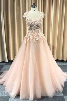 Pretty pink tulle cap sleeves long floral lace appliqué evening dress, senior prom dress  cg5820