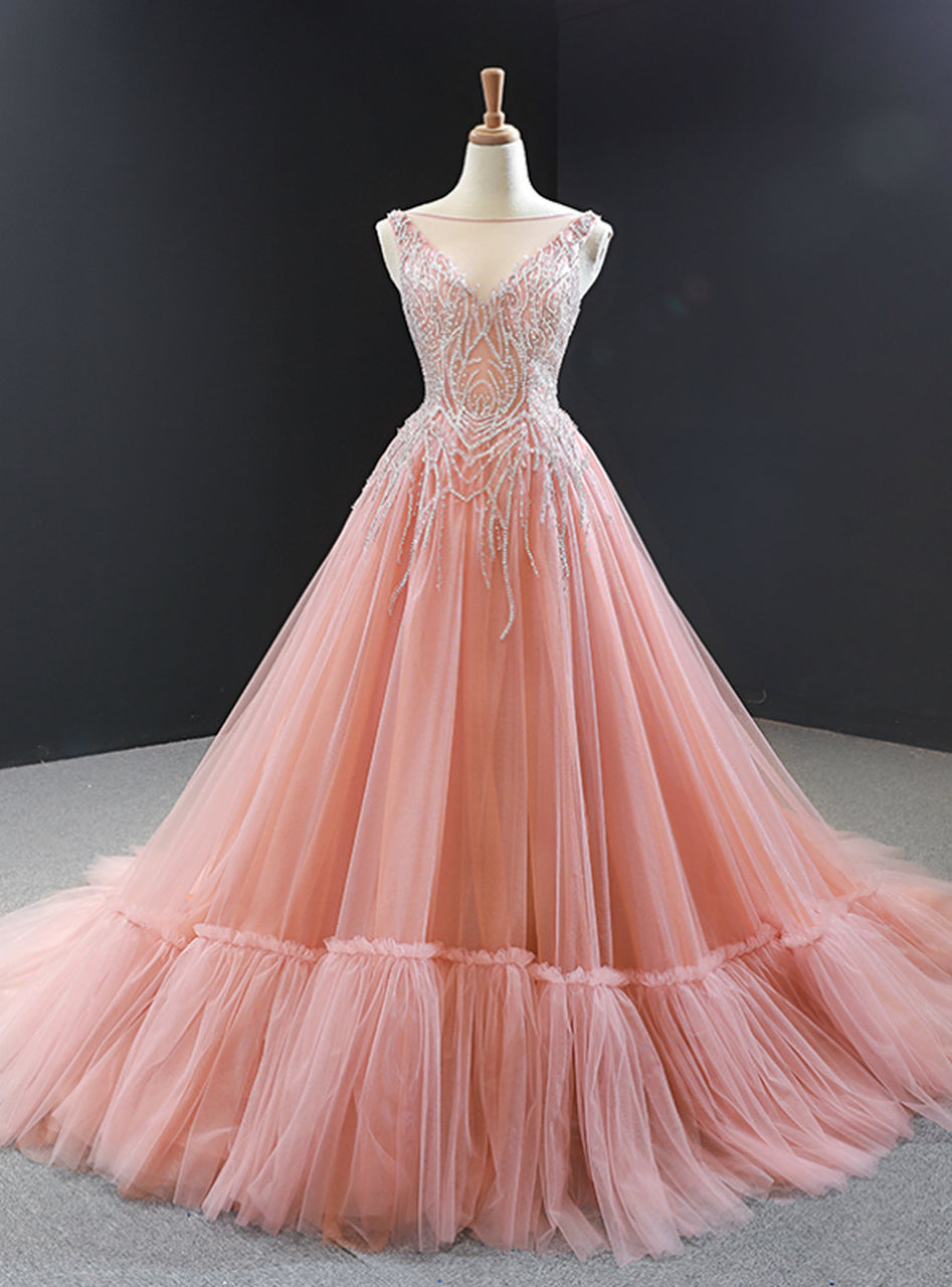 Pink Ball Gown Tulle Beaidng Backless Long Prom Dress  cg5842