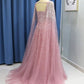 Pink Tulle Open Back Long Sleeve Sequins Evening Dress, Formal Prom Dress  cg5853