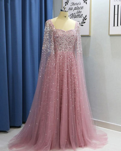 Pink Tulle Open Back Long Sleeve Sequins Evening Dress, Formal Prom Dress  cg5853