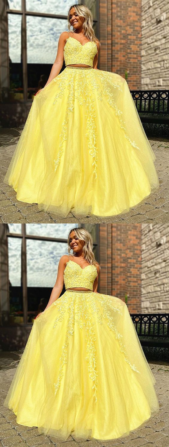 A Line V Neck 2 Pieces Yellow Lace Prom Dresses, Two Pieces Yellow Lace Formal Evening Dresses  cg5860