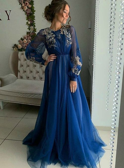 A-Line Blue Tulle Appliques Long Sleeve Long Prom Dress  cg5875