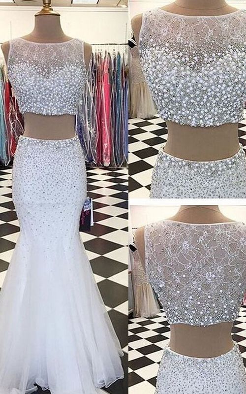White Tulle Prom Dresses Mermaid Long Sleeveless Evening Dresses Two Piece Formal Gowns  cg5888