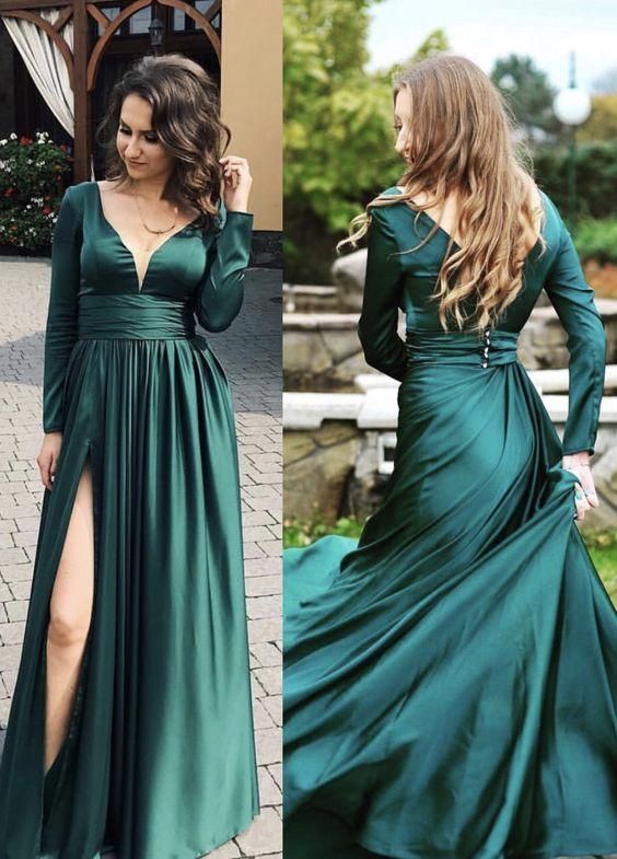 Emerald green prom dresses long sleeves   cg5924