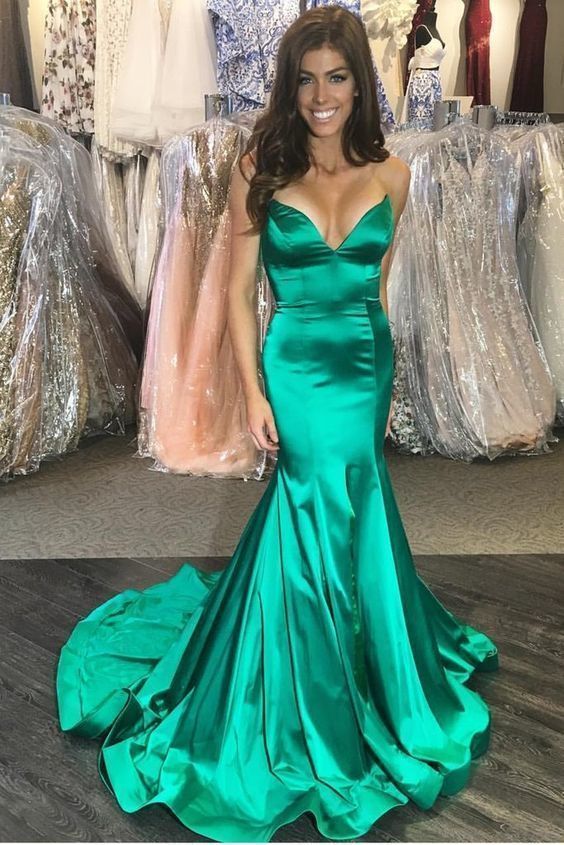 Plunging Sweetheart Green Prom Dress Mermaid Train  cg5930