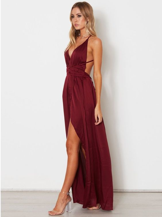 A-line Spaghetti Straps Prom Dresses Custom Burgundy Long Prom Dresses Evening Dress cg5953