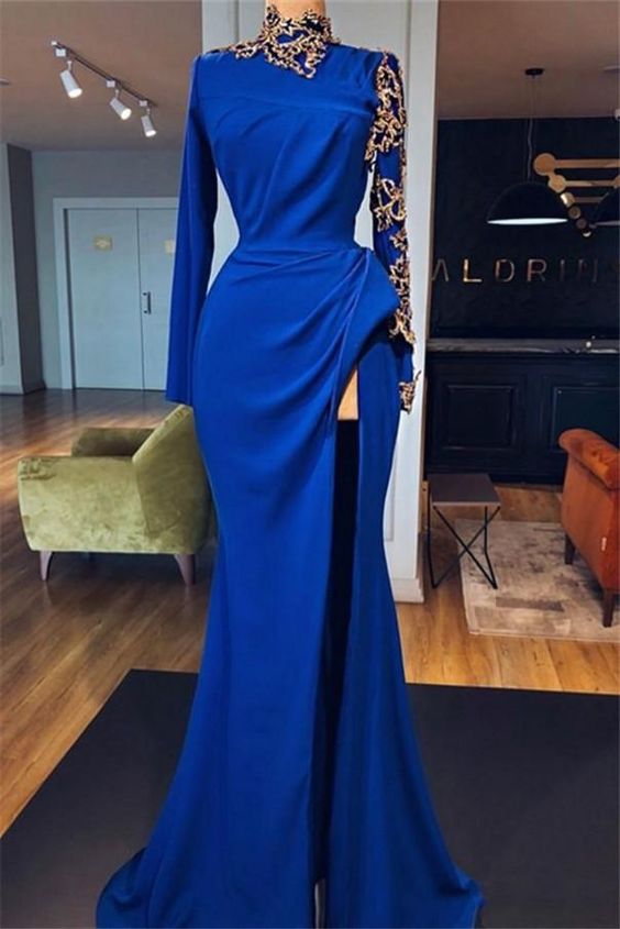 Royal Blue High Neck Side Slit Mermaid Prom Dresses， Elegant Long Sleeves Appliques Evening Gowns  cg5972
