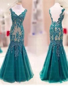 teal green mermaid lace appliques long formal prom dress  cg5974