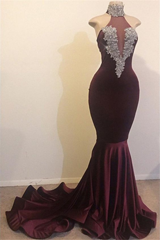 High Neck Backless Brush Train Mermaid Sequins Velvet prom Dress, Evening Dress  cg5982