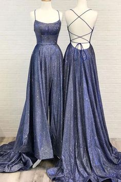 Simple Blue Satin Sweep Train Backless Lace Up Prom Dress, Evening Dress  cg6004