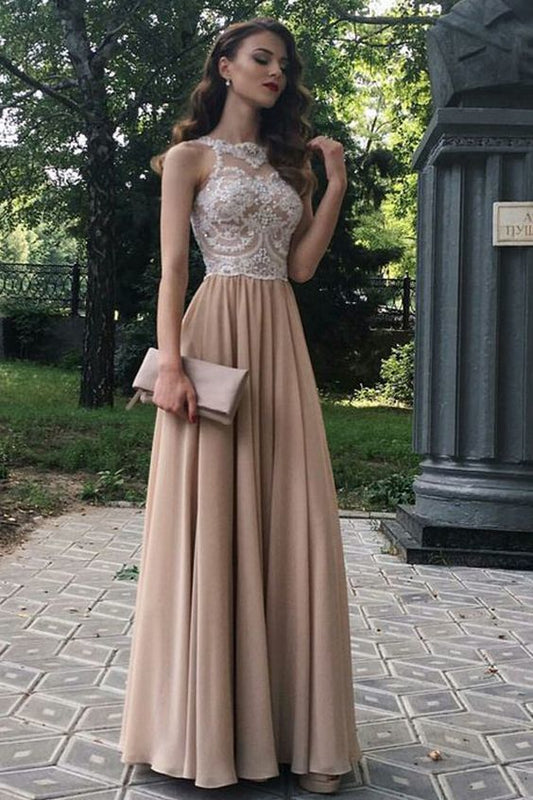 A-Line Beaded Lace Chiffon Long Prom Dresses Formal Evening Dresses  cg6012