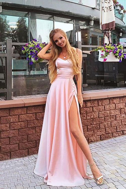 Elegant A Line Sweetheart Spaghetti Straps Chiffon Slit Pink Long Prom Dresses  cg6031