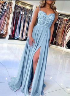 Blue lace A line long prom dress, evening dress  cg6035