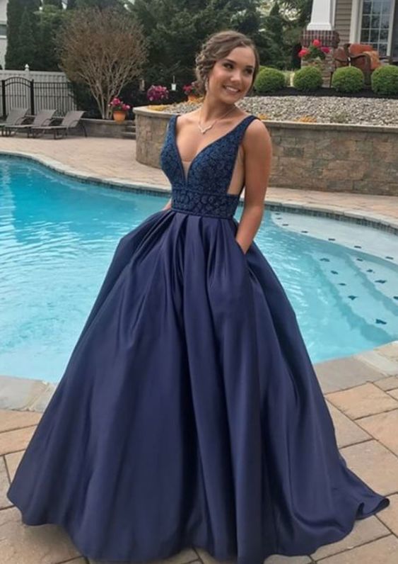 Unique v neck dark blue long prom dress, blue evening dress  cg6051