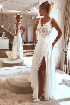 Charming Spaghetti straps Appliques Lace prom Dress,Split Chiffon Beach Wedding Dress  cg6054