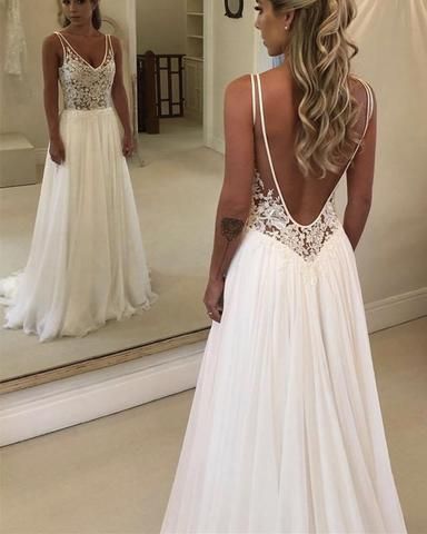 Charming See Through Lace Bodice Chiffon V-neck prom Dresses,Backless with Train Beach Wedding Dresses  cg6055
