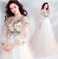 Pretty A Line Long Sleeves Tulle Appliques Prom Dresses With Flowers   cg6056