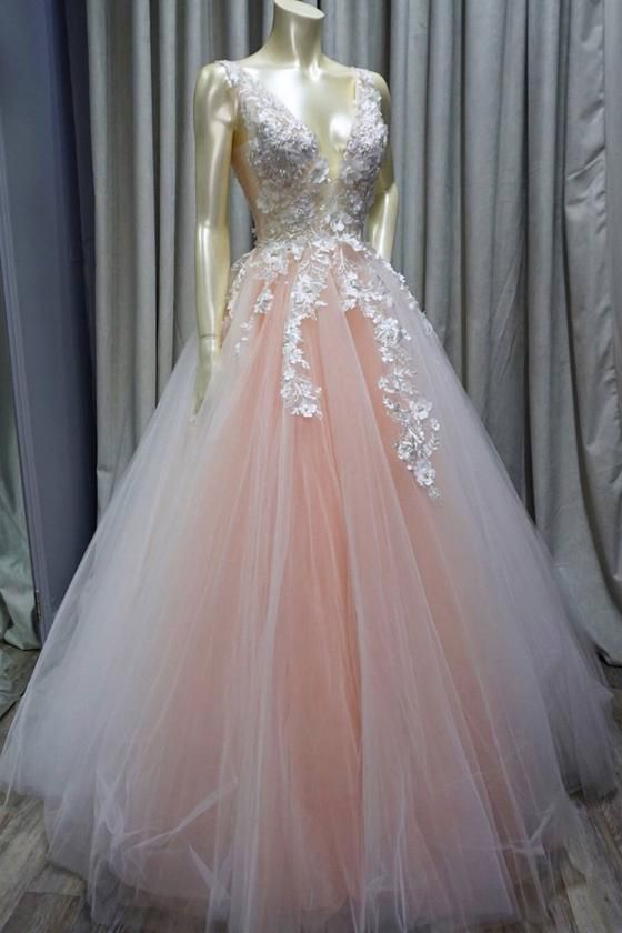 Pink v neck tulle lace applique long prom dress, pink tulle evening dress  cg6072