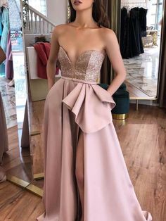 Sexy Thigh Split Dusty Rose Satin Prom Dresses   cg6074