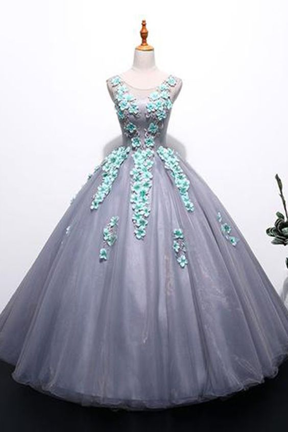 Unique gray tulle long winter formal prom dress with appliqués, long plus size prom gown  cg6081