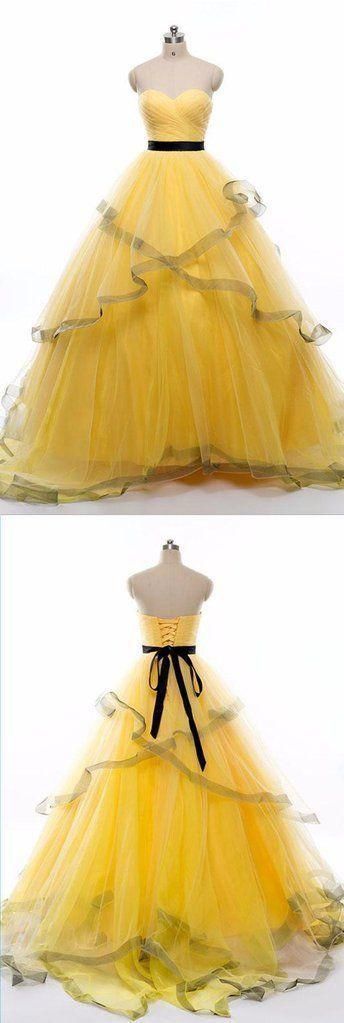 Sweetheart neck yellow tulle long ruffles evening dress, long strapless spring prom dress  cg6083