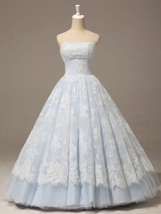 Baby Blue Prom Dress Strapless A-line Lace Applique Quinceañera Dress  cg6089