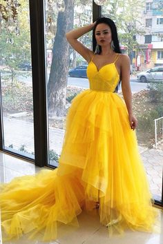 Unique Straps Yellow Ball Gown prom dress with Train   cg6091