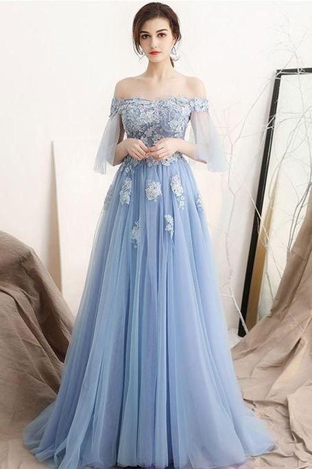 Blue lace applique long prom dress,off shoulder evening dress,party dress with appliques  cg6102