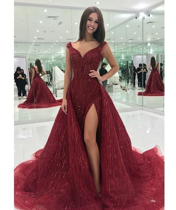 A line burgundy prom dress with side slit  cg6108
