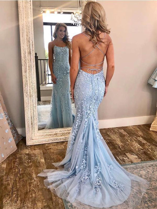 Sexy Mermaid Lace Blue Backless Long Prom Dresses cg611