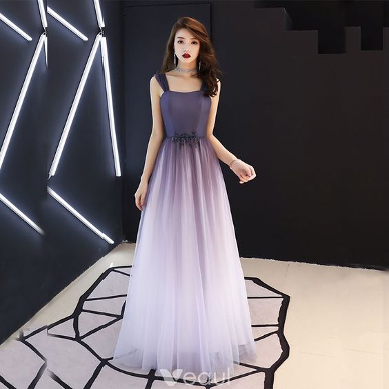 Fashion Purple Prom Dresses 2020 A-Line / Princess Shoulders Sleeveless Beading Floor-Length   cg6118