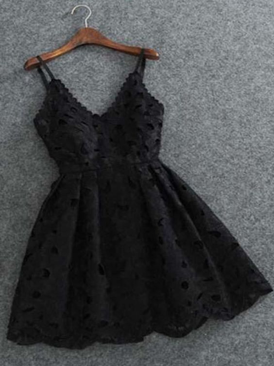 Simple Black Spaghetti Straps Lace Short Homecoming Dresses, Cheap Homecoming Dresses cg612