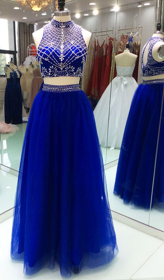 New 2 Pieces Tulle High Neck Keyhole Back With Bling bling Crystal Beaded Long Cheap Evening Formal Dress  cg6123