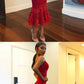 Spaghetti Straps Tea-Length Red Stretch Satin Prom Dress with Lace  cg6143