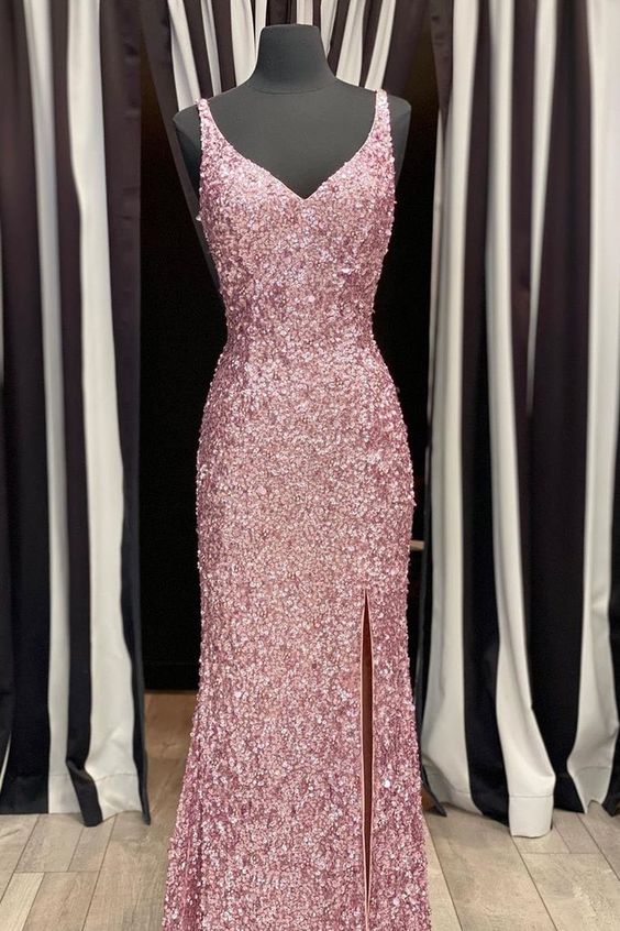 Gorgeous Mermaid V-Neck Straps Pearl Pink Sequin Long Prom Dress with Slit,  cg6151