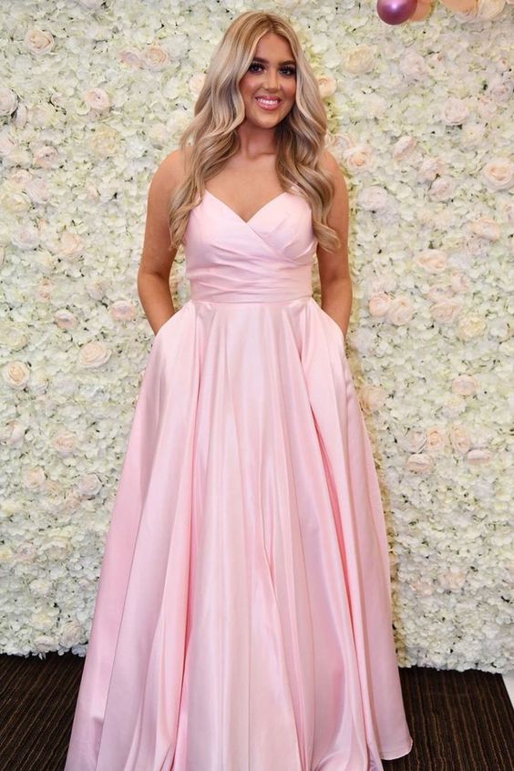 Simple V Neck Straps Pink Long Prom Dress   cg6153