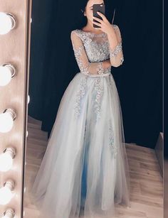 Gray tulle lace long prom dress, long sleeve evening dress   cg6157