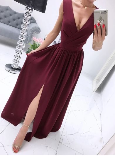 A-line V-neck Chiffon Burgundy Long Prom Dress  cg6160